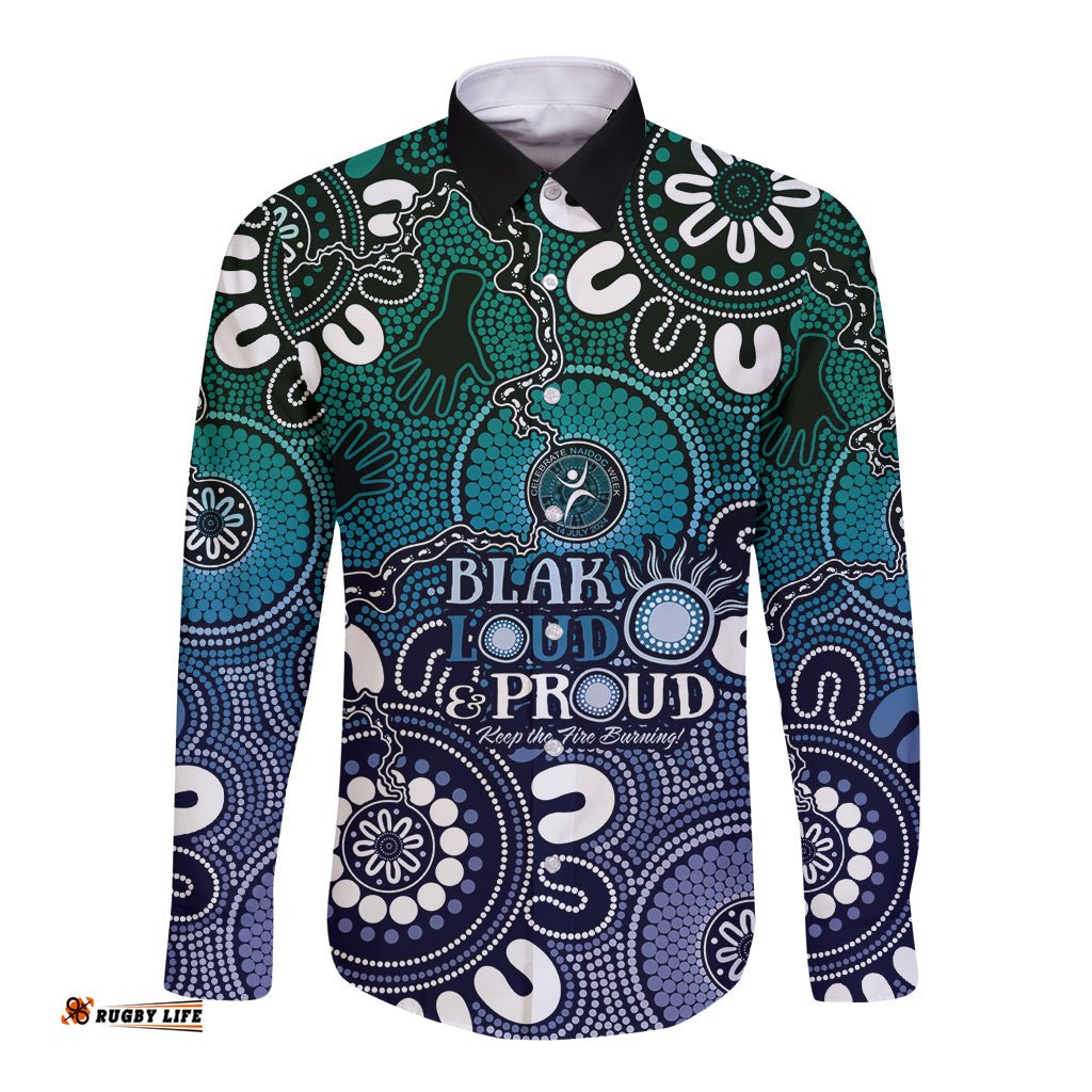 NAIDOC Week 2024 Fire Burning Long Sleeve Button Shirt Aboriginal Dots Blue Art