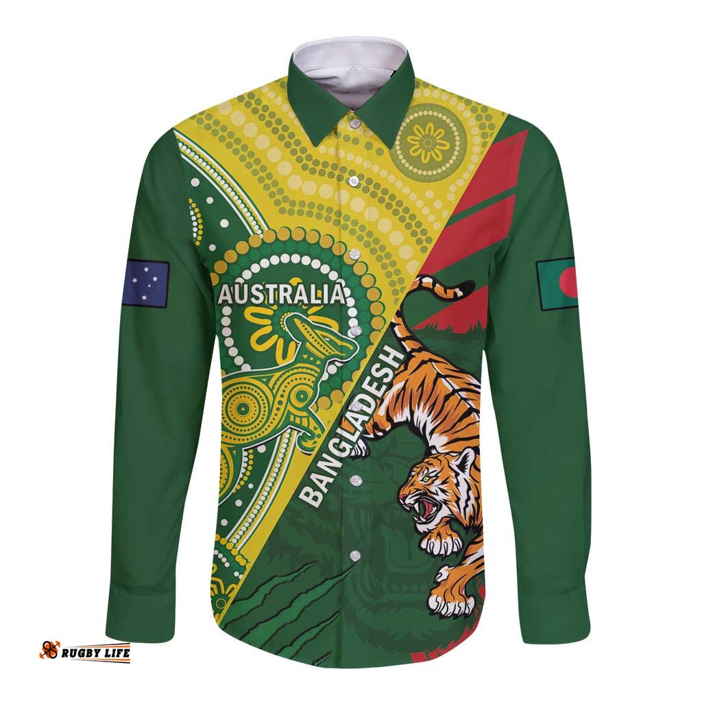 Custom Bangladesh And Australia Cricket Long Sleeve Button Shirt Kangaroo Tiger Together