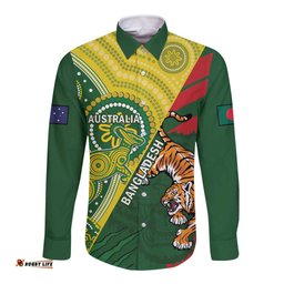 Custom Bangladesh And Australia Cricket Long Sleeve Button Shirt Kangaroo Tiger Together