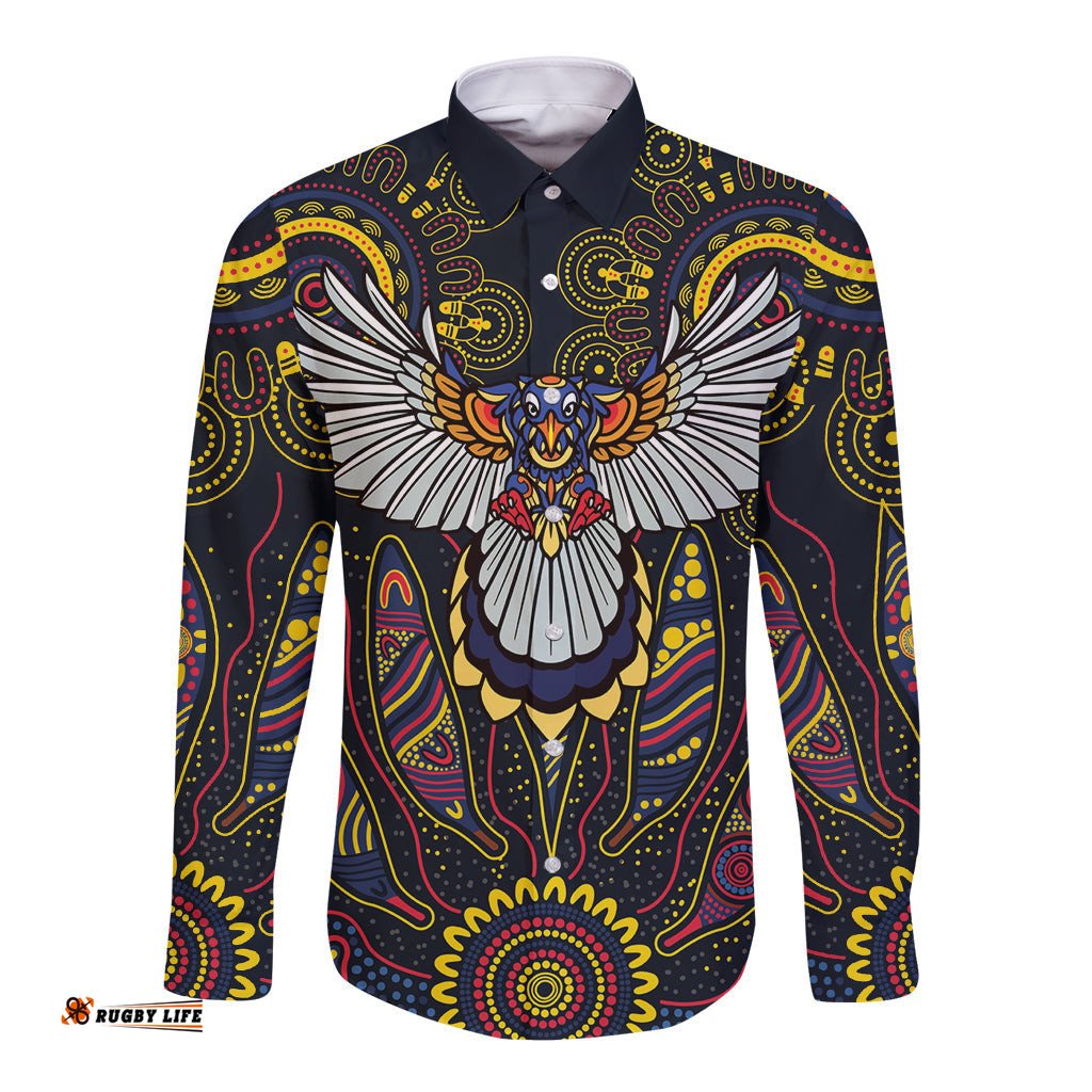 Custom Adelaide Football Long Sleeve Button Shirt With Crow Aboriginal Art Style