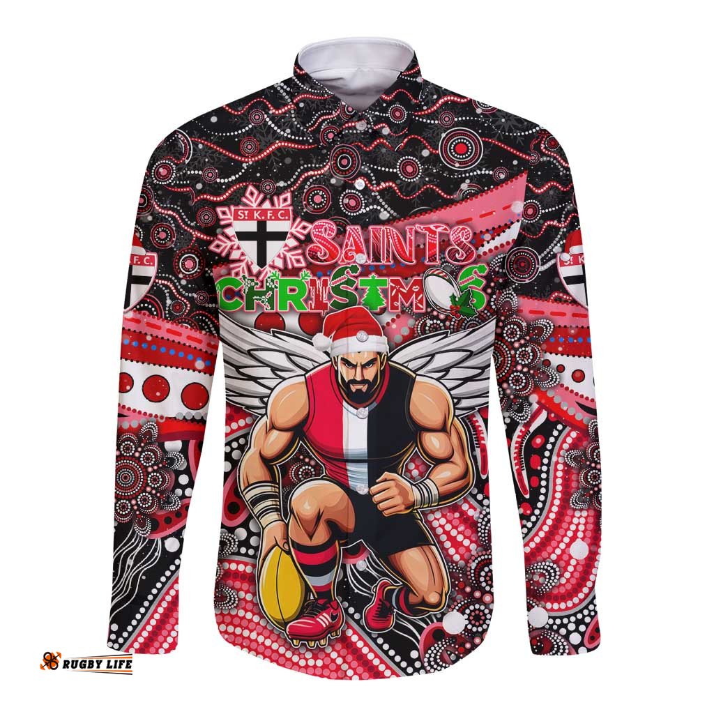 Merry Christmas AFL Saints Long Sleeve Button Shirt Aboriginal Santa Football Mascot