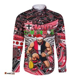 Merry Christmas AFL Saints Long Sleeve Button Shirt Aboriginal Santa Football Mascot