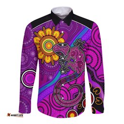 Custom Text and Number Australia Lizard and Sun Long Sleeve Button Shirt Aboriginal Art Purple