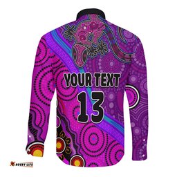 Custom Text and Number Australia Lizard and Sun Long Sleeve Button Shirt Aboriginal Art Purple
