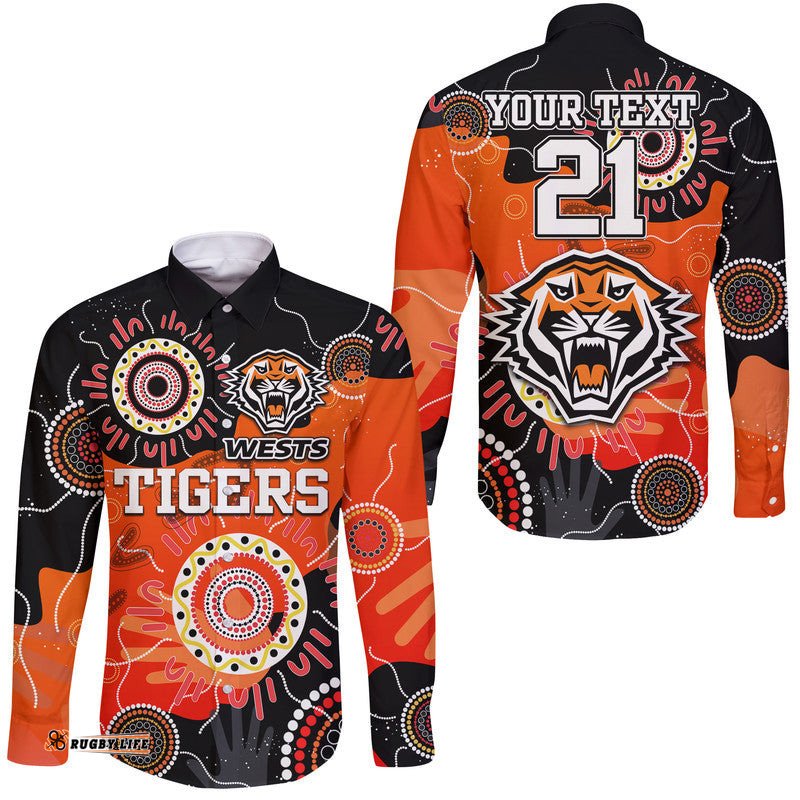 Custom Text And Number Wests Tigers Indigenous Aboriginal Rugby Hawaii Long Sleeve Button Shirt
