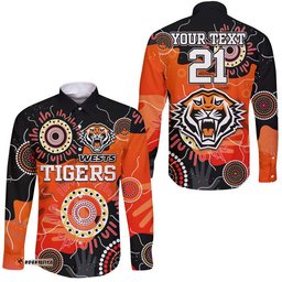 Custom Text And Number Wests Tigers Indigenous Aboriginal Rugby Hawaii Long Sleeve Button Shirt