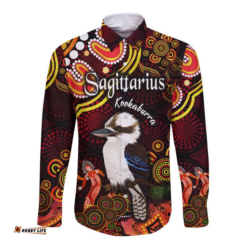 Custom Personalised Australian Astrology Hawaii Long Sleeve Button Shirt Sagittarius Kookaburra Zodiac Aboriginal Vibes Red