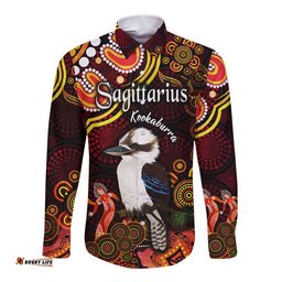 Custom Personalised Australian Astrology Hawaii Long Sleeve Button Shirt Sagittarius Kookaburra Zodiac Aboriginal Vibes Red