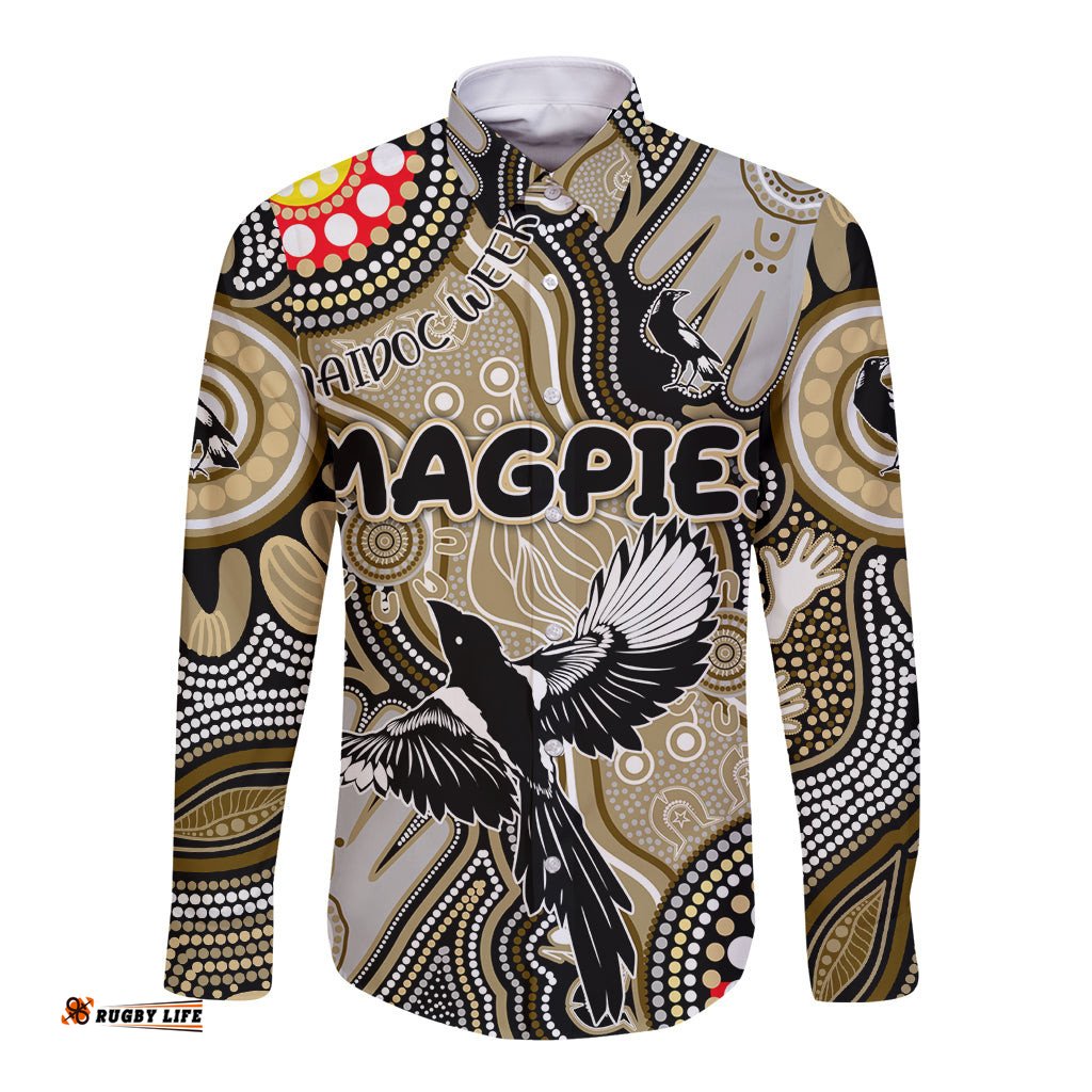 Personalised NAIDOC Week 2024 Collingwood Magpies Long Sleeve Button Shirt Australian Aboriginal Hand Painting