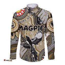Personalised NAIDOC Week 2024 Collingwood Magpies Long Sleeve Button Shirt Australian Aboriginal Hand Painting