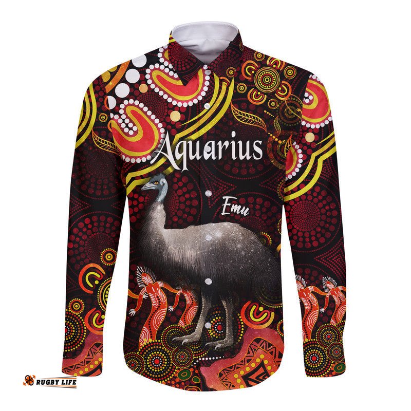 Custom Personalised Australian Astrology Hawaii Long Sleeve Button Shirt Aquarius Emu Glider Zodiac Aboriginal Vibes Red