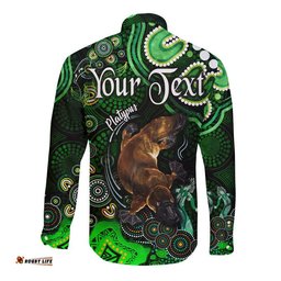 Custom Personalised Australian Astrology Hawaii Long Sleeve Button Shirt Pisces Platypus Zodiac Aboriginal Vibes Green