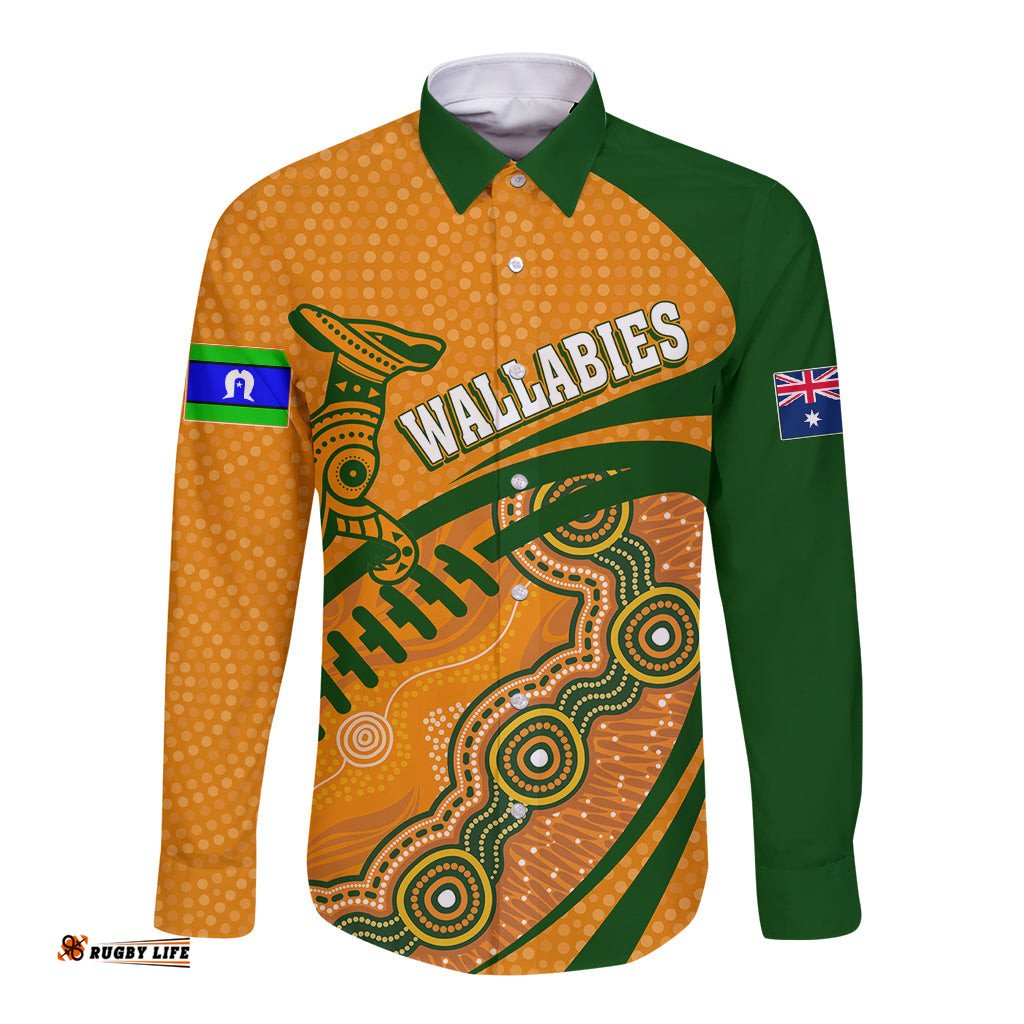 Personalised Aussie Wallabies Long Sleeve Button Shirt Rugby World Cup Indigenous