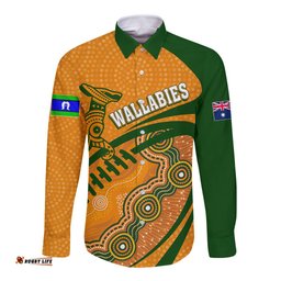 Personalised Aussie Wallabies Long Sleeve Button Shirt Rugby World Cup Indigenous