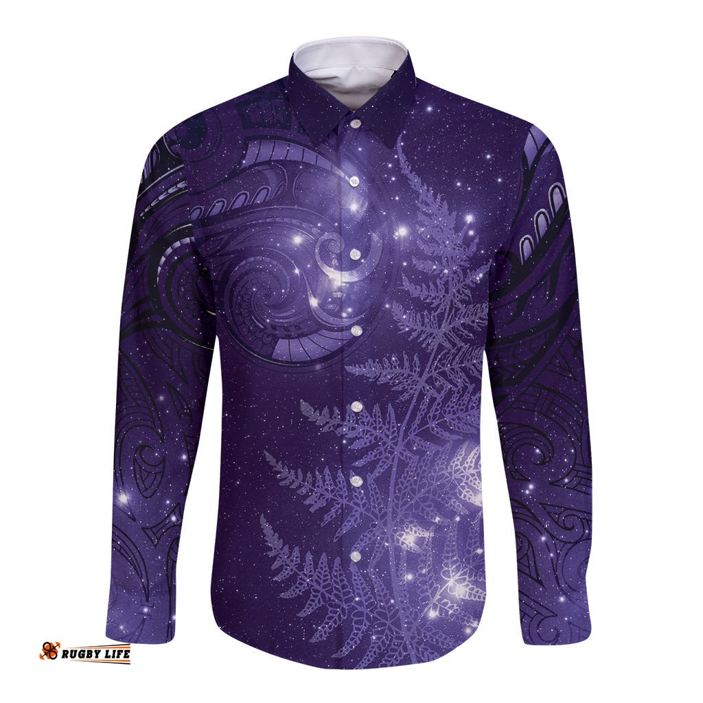 New Zealand Matariki Long Sleeve Button Shirt Purple Milky Way Stars Night Sky