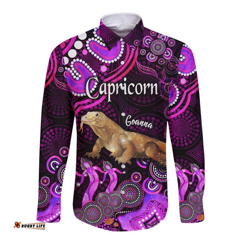 Custom Personalised Australian Astrology Hawaii Long Sleeve Button Shirt Capricorn Goanna Zodiac Aboriginal Vibes Pink