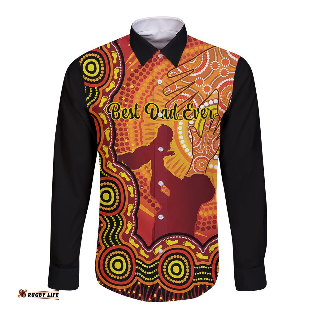 Australia Father Day Long Sleeve Button Shirt Aussie Best Dad Ever Indigenous Hand Art
