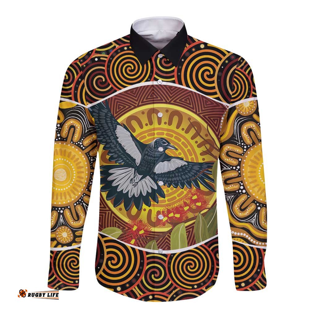 Aboriginal Magpies Dots Art Long Sleeve Button Shirt Native Australian Animals