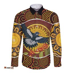 Aboriginal Magpies Dots Art Long Sleeve Button Shirt Native Australian Animals