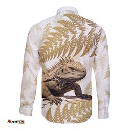 Gold New Zealand Tuatara Long Sleeve Button Shirt Aotearoa Sphenodon Punctatus Silver Fern