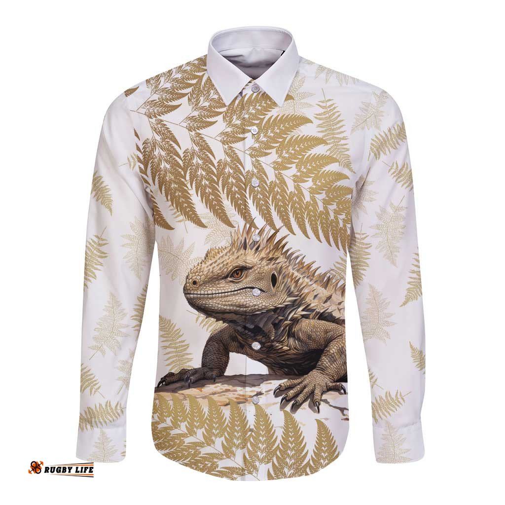 Gold New Zealand Tuatara Long Sleeve Button Shirt Aotearoa Sphenodon Punctatus Silver Fern