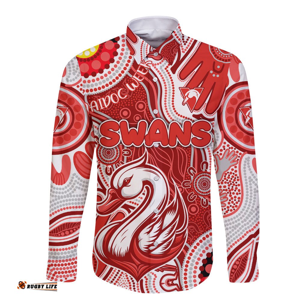 Personalised NAIDOC Week 2024 Sydney Swans Long Sleeve Button Shirt Australian Aboriginal Hand Painting