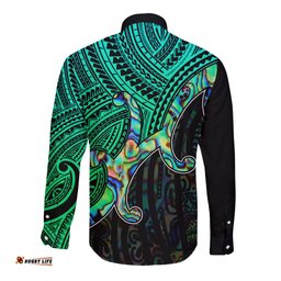 Aotearoa Maori Koru Long Sleeve Button Shirt Polynesian Pacific Tribal Blue