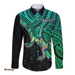 Aotearoa Maori Koru Long Sleeve Button Shirt Polynesian Pacific Tribal Blue