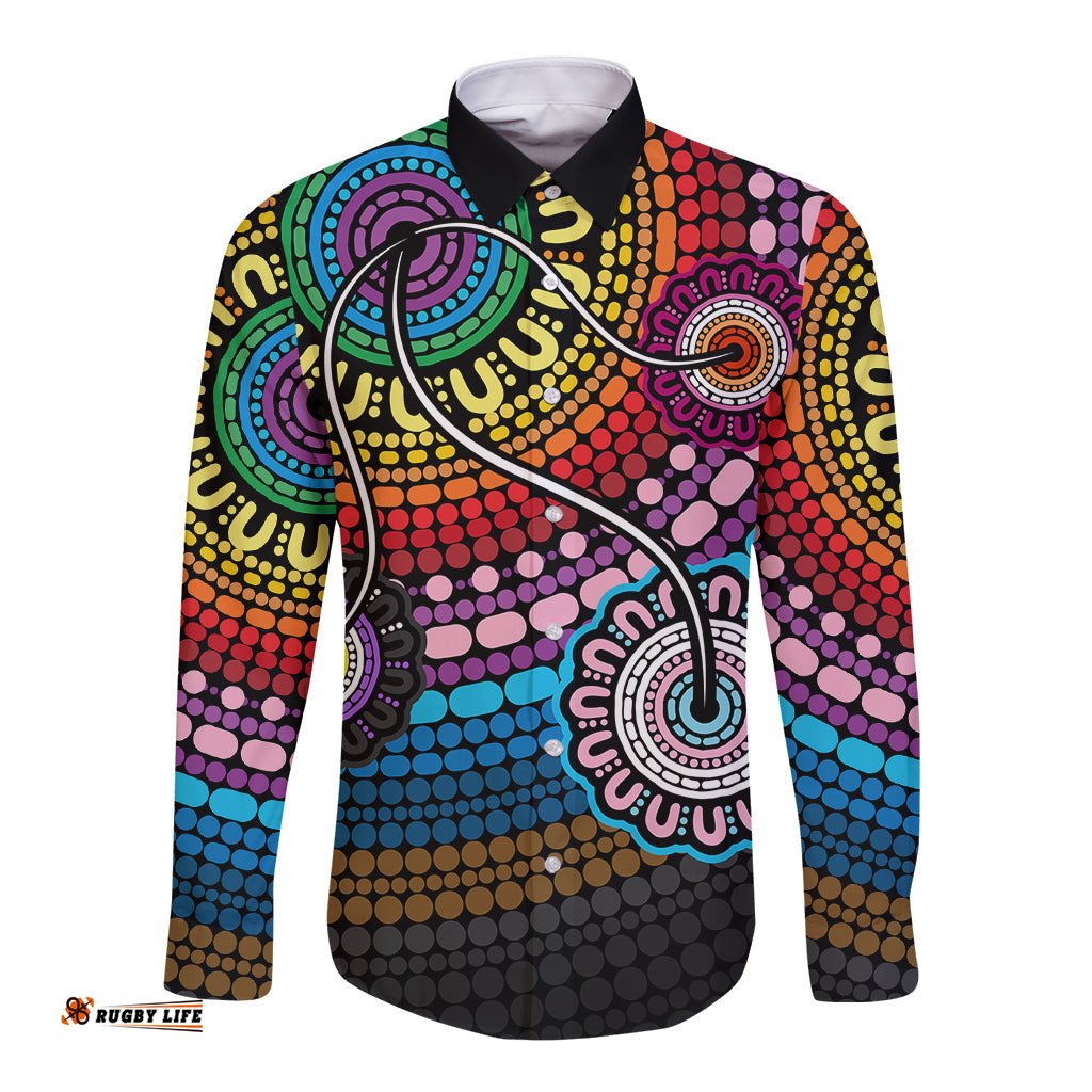 Australia LGBTQ+ History Month Long Sleeve Button Shirt Indigenous Rainbows Pride Be You