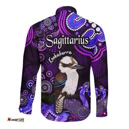 Australian Astrology Hawaii Long Sleeve Button Shirt Sagittarius Kookaburra Zodiac Aboriginal Vibes Purple