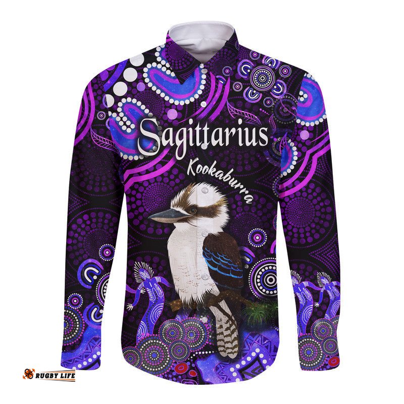 Australian Astrology Hawaii Long Sleeve Button Shirt Sagittarius Kookaburra Zodiac Aboriginal Vibes Purple