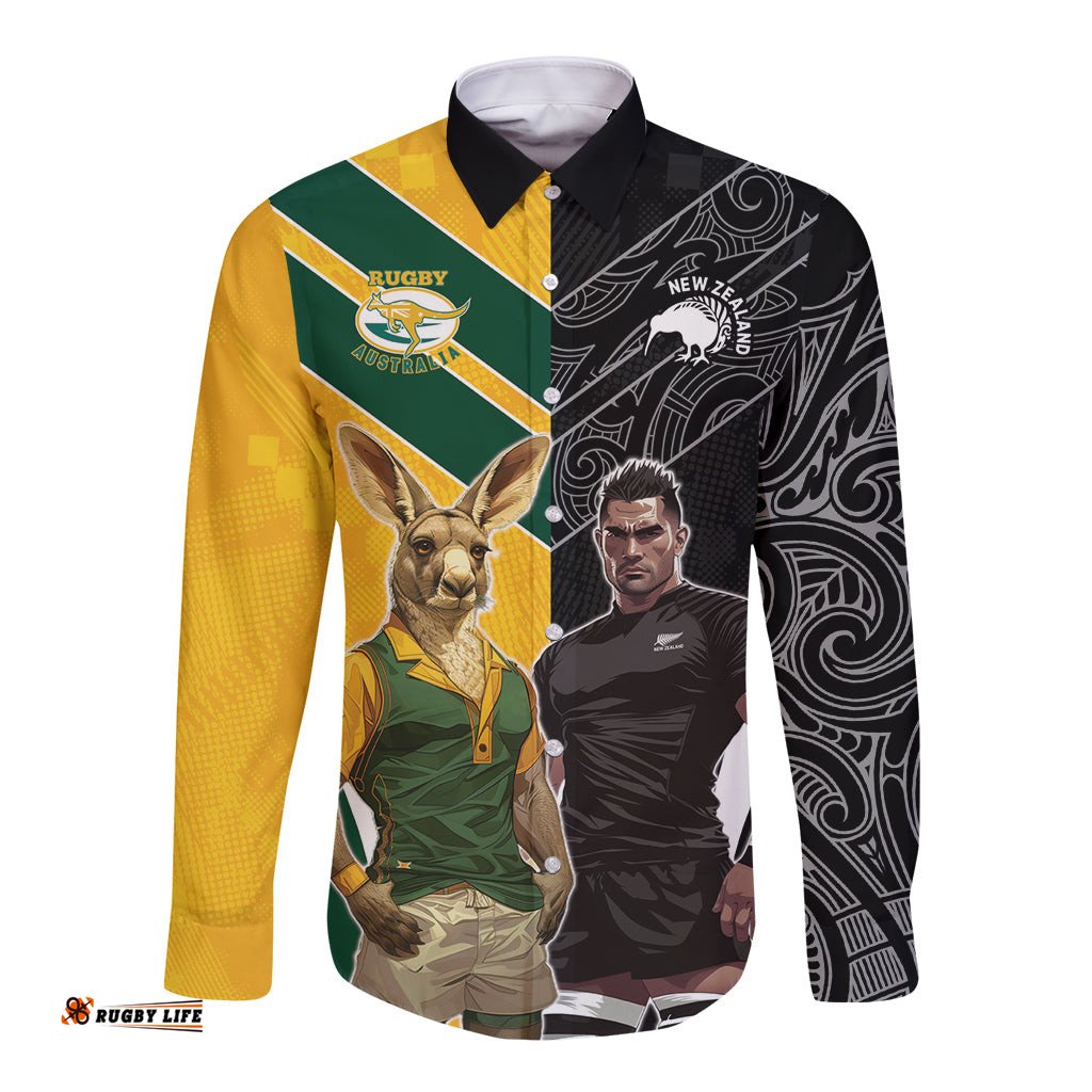 Custom New Zealand and Australia Rugby Long Sleeve Button Shirt Kangroo and Maori Warrior Together