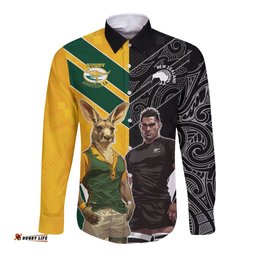 Custom New Zealand and Australia Rugby Long Sleeve Button Shirt Kangroo and Maori Warrior Together