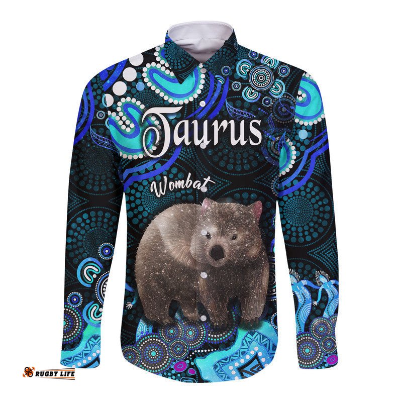Custom Personalised Australian Astrology Hawaii Long Sleeve Button Shirt Taurus Wombat Zodiac Aboriginal Vibes Blue