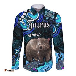 Custom Personalised Australian Astrology Hawaii Long Sleeve Button Shirt Taurus Wombat Zodiac Aboriginal Vibes Blue