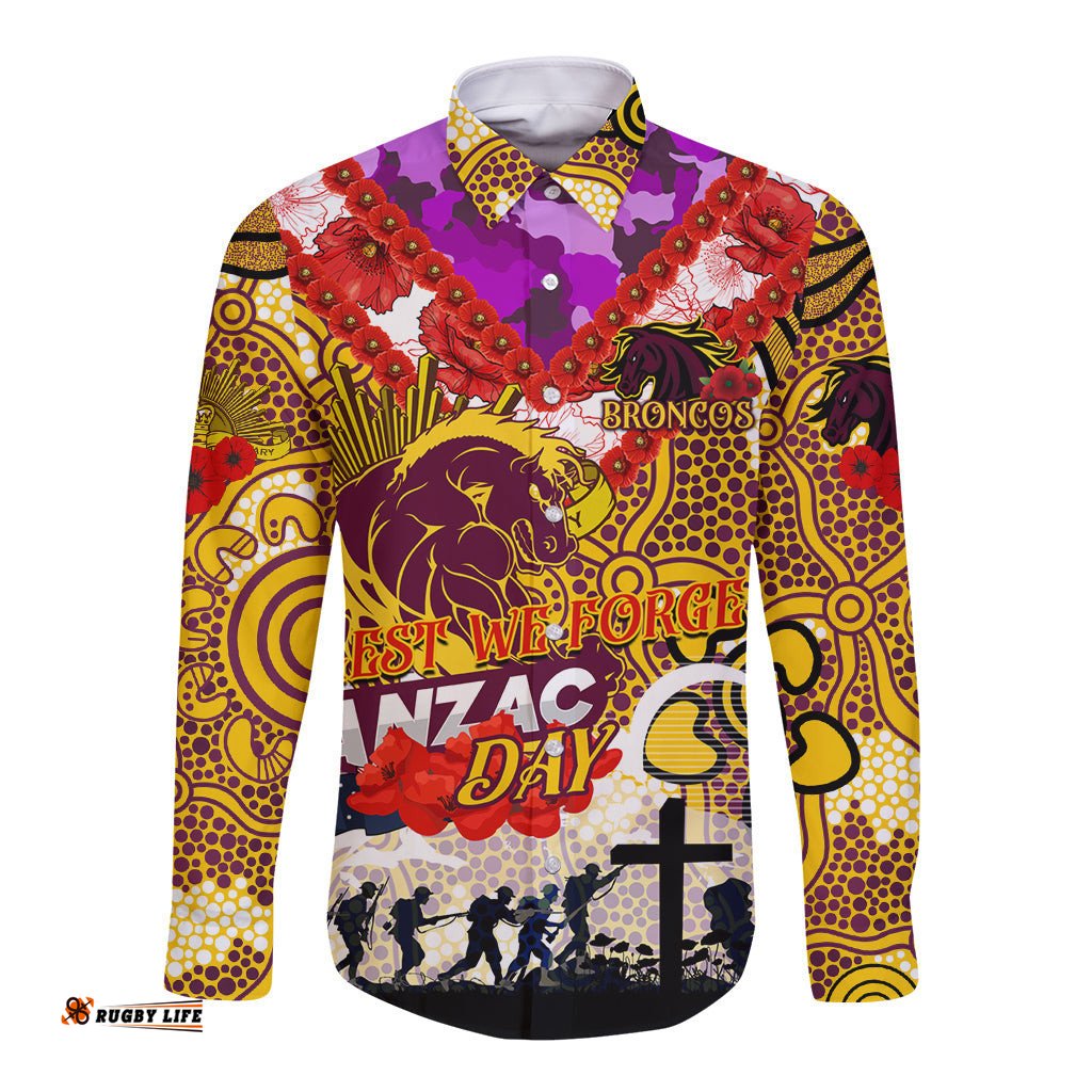 Personalised Broncos ANZAC Day Long Sleeve Button Shirt Aboriginal Rising Sun