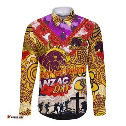 Personalised Broncos ANZAC Day Long Sleeve Button Shirt Aboriginal Rising Sun