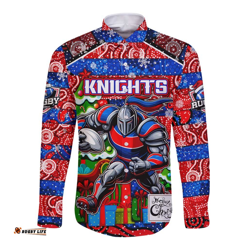 Custom Knights Rugby Merry Christmas Long Sleeve Button Shirt Indigenous Australian Art