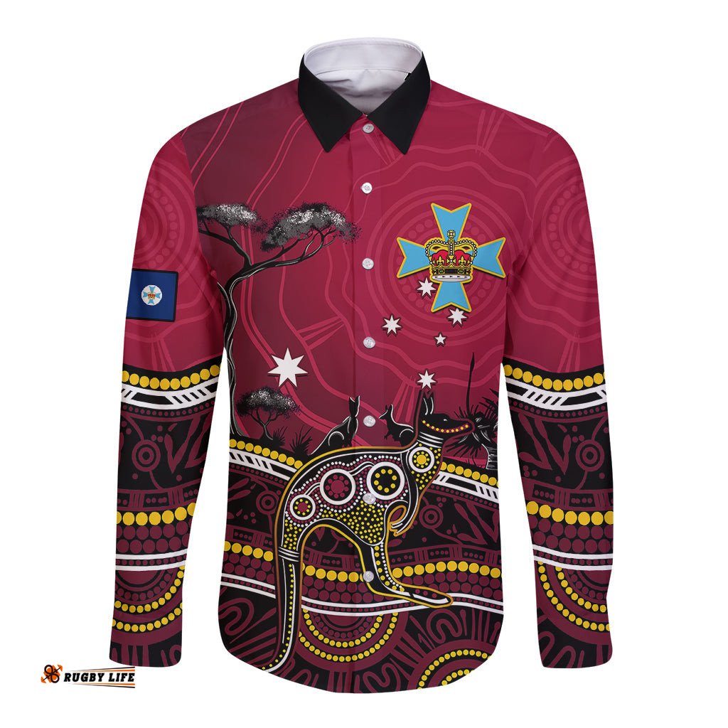 Personalised June 6 Queensland Day Long Sleeve Button Shirt Australian Aboriginal Art
