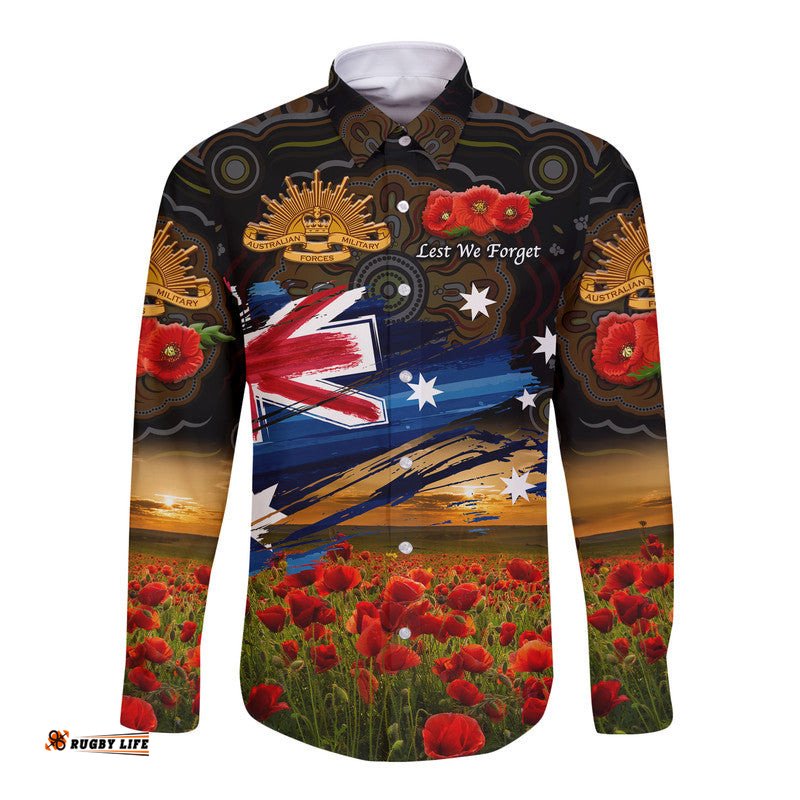 Custom Personalised Australia Aboriginal ANZAC Hawaii Long Sleeve Button Shirt Poppy Vibes Black