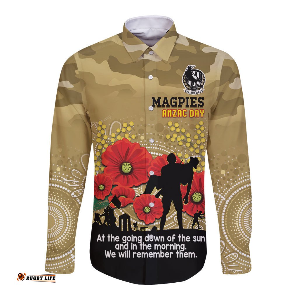 Custom Collingwood Football ANZAC Long Sleeve Button Shirt Gallipoli Camouflage With Poppies
