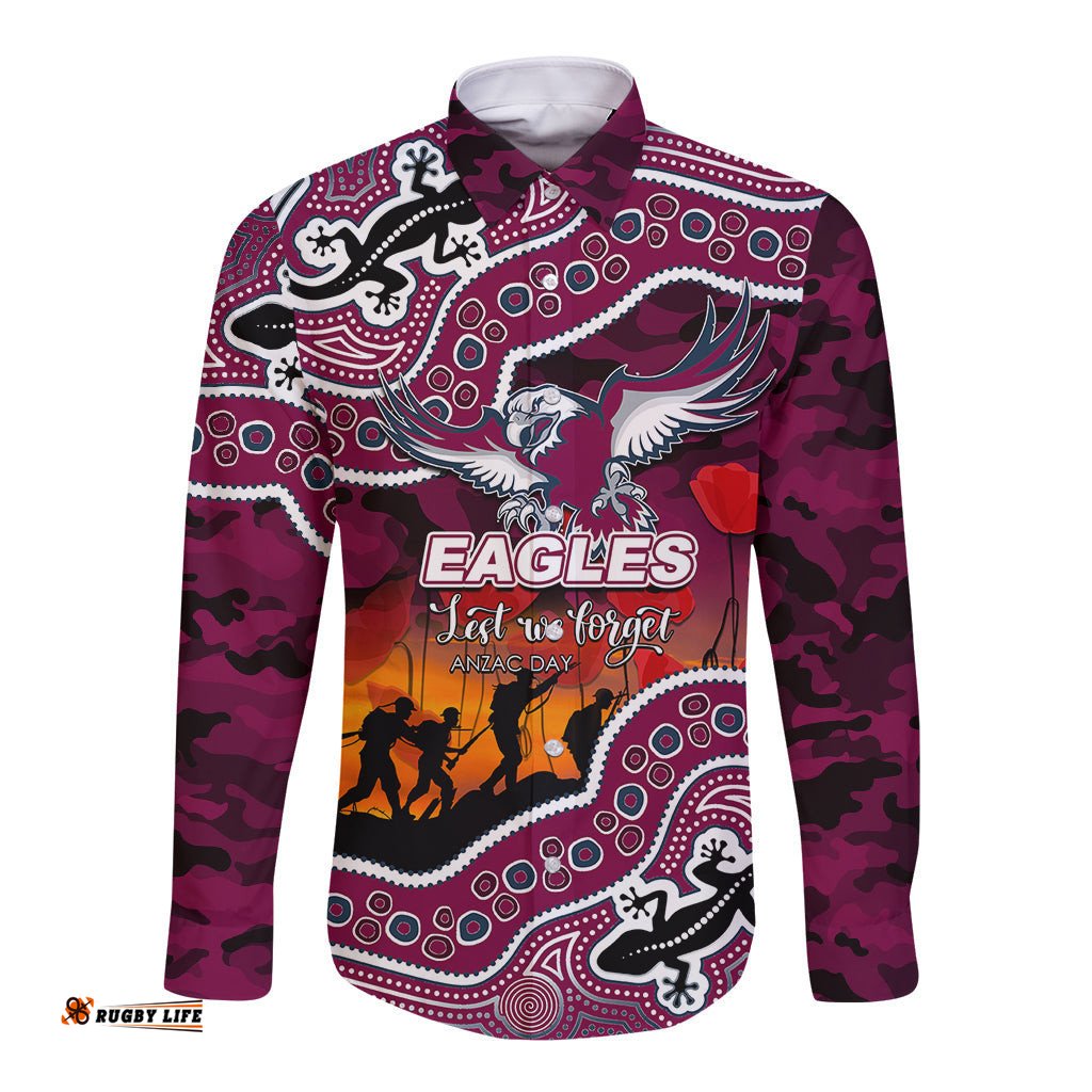 Custom Personalised Anzac Day NRL - Sea Eagles Long Sleeve Button Shirt Aboriginal Lizard Patterns