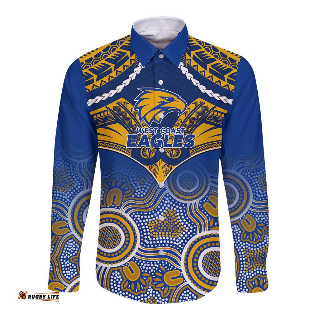 Personalised West Coast Football Long Sleeve Button Shirt Eagles Aboriginal Mix Polynesian Pattern