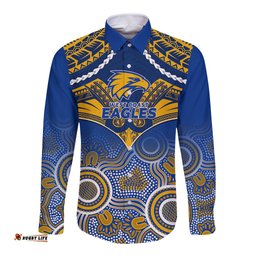 Personalised West Coast Football Long Sleeve Button Shirt Eagles Aboriginal Mix Polynesian Pattern