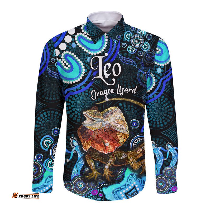 Custom Personalised Australian Astrology Hawaii Long Sleeve Button Shirt Leo Dragon Lizard Zodiac Aboriginal Vibes Blue