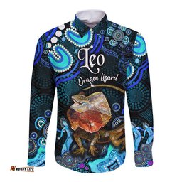 Custom Personalised Australian Astrology Hawaii Long Sleeve Button Shirt Leo Dragon Lizard Zodiac Aboriginal Vibes Blue