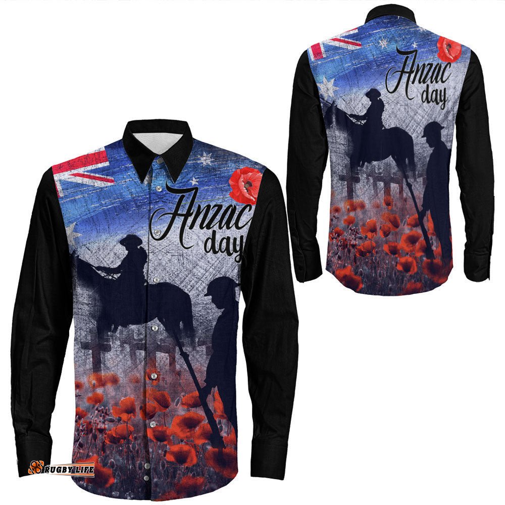 Anzac Day Lest We Forget Vintage Poppies Long Sleeve Button Shirt