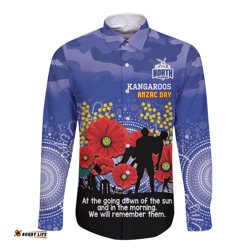 Custom Kangaroos Football ANZAC Long Sleeve Button Shirt Gallipoli Camouflage With Poppies