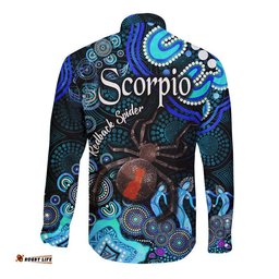 Australian Astrology Hawaii Long Sleeve Button Shirt Scorpio Redback Spider Zodiac Aboriginal Vibes Blue