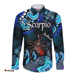 Australian Astrology Hawaii Long Sleeve Button Shirt Scorpio Redback Spider Zodiac Aboriginal Vibes Blue